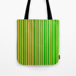 [ Thumbnail: Brown, Goldenrod, Lime, and Green Colored Striped/Lined Pattern Tote Bag ]
