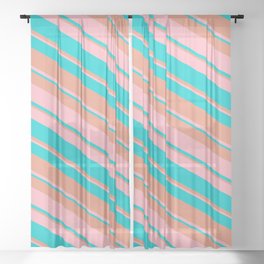 [ Thumbnail: Dark Salmon, Light Pink & Dark Turquoise Colored Stripes Pattern Sheer Curtain ]