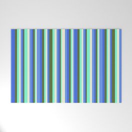 [ Thumbnail: Eyecatching Dark Olive Green, Royal Blue, Cornflower Blue, Beige, Aquamarine Colored Stripes Pattern Welcome Mat ]