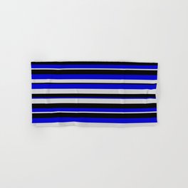 [ Thumbnail: Blue, Light Gray & Black Colored Striped Pattern Hand & Bath Towel ]