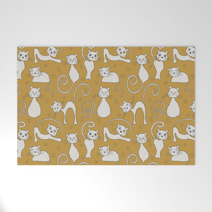 Mustard yellow and off-white cat pattern Welcome Mat