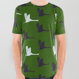 Flying Elegant Swan Pattern on Green Background All Over Graphic Tee