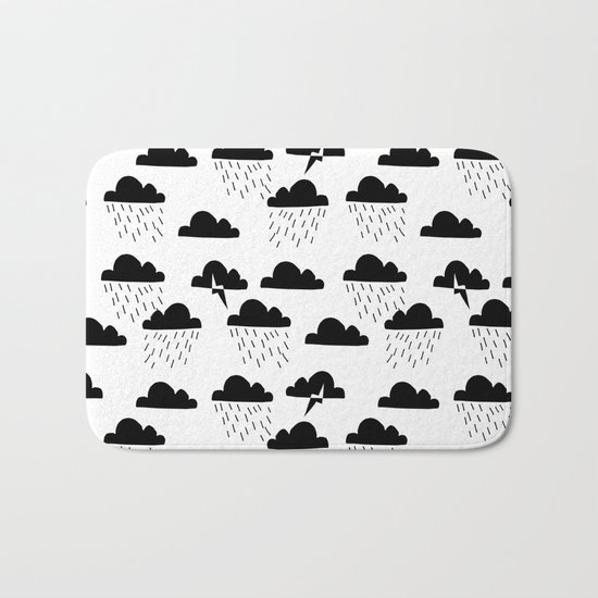 Clouds linocut black and white printmaking pattern black and white Bath Mat