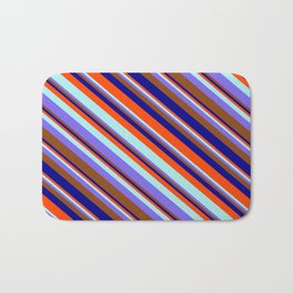 [ Thumbnail: Red, Turquoise, Medium Slate Blue, Brown & Dark Blue Colored Striped/Lined Pattern Bath Mat ]