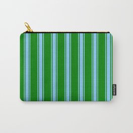 [ Thumbnail: Green and Light Sky Blue Colored Striped Pattern Carry-All Pouch ]