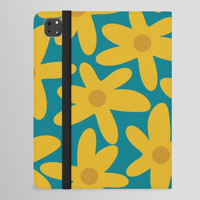 Daisy Time Retro Floral Pattern in Moroccan Teal Blue, Mustard, and Ochre iPad Folio Case