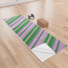 [ Thumbnail: Forest Green, Dark Gray, Plum, and Slate Gray Colored Stripes/Lines Pattern Yoga Towel ]