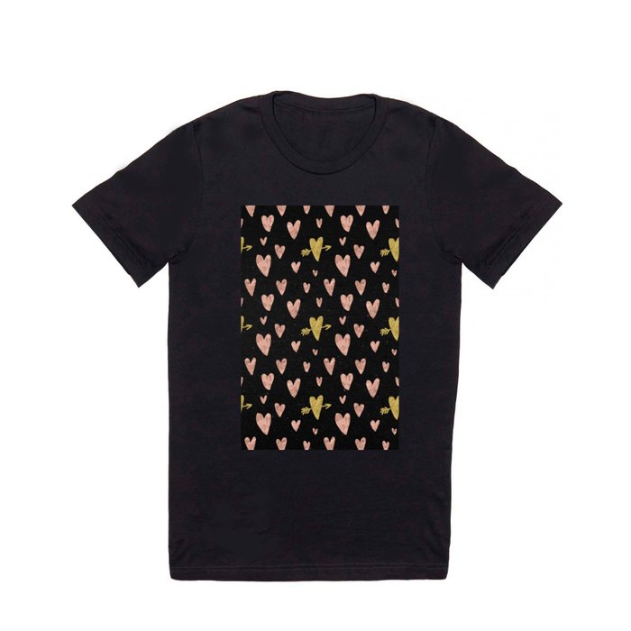 Rose Gold Hearts with Yellow Gold Hearts on Black T Shirt