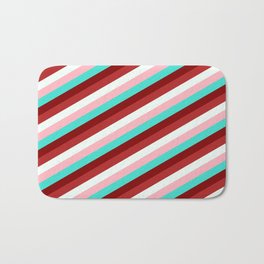 [ Thumbnail: Light Pink, Turquoise, Maroon, Red, and Mint Cream Colored Lined/Striped Pattern Bath Mat ]