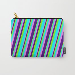 [ Thumbnail: Chartreuse, Aqua, Violet, and Indigo Colored Striped/Lined Pattern Carry-All Pouch ]