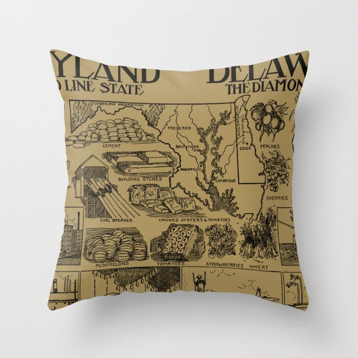 Vintage Maryland and Delaware Illustrative Map (1912) - Tan Throw Pillow