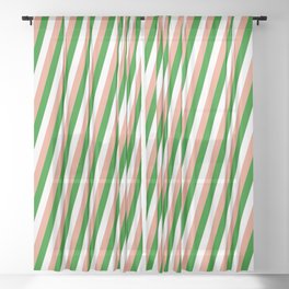 [ Thumbnail: Dark Salmon, Green, and White Colored Striped Pattern Sheer Curtain ]