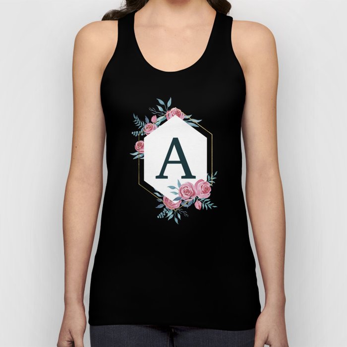Personalized initial letter A monogram in floral frame on green Tank Top
