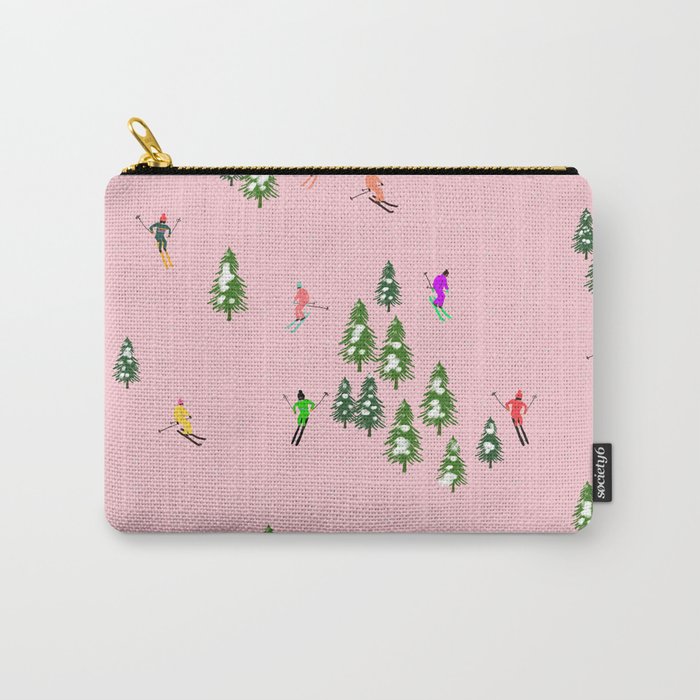 Pink retro skiers illustration - snow what fun down the ski slopes Carry-All Pouch