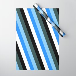 [ Thumbnail: Dark Slate Gray, Light Sky Blue, Blue, White, and Black Colored Lines Pattern Wrapping Paper ]