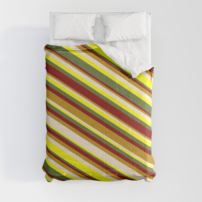 Eyecatching Maroon, Dark Goldenrod, Beige, Yellow & Dark Olive Green Colored Striped Pattern Comforter