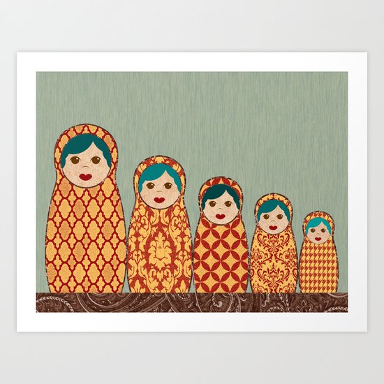 Red and Yellow Matryoshka Nesting Dolls Art Print