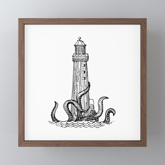 The Lighthouse & the Kraken Framed Mini Art Print by unhandmeorbleed