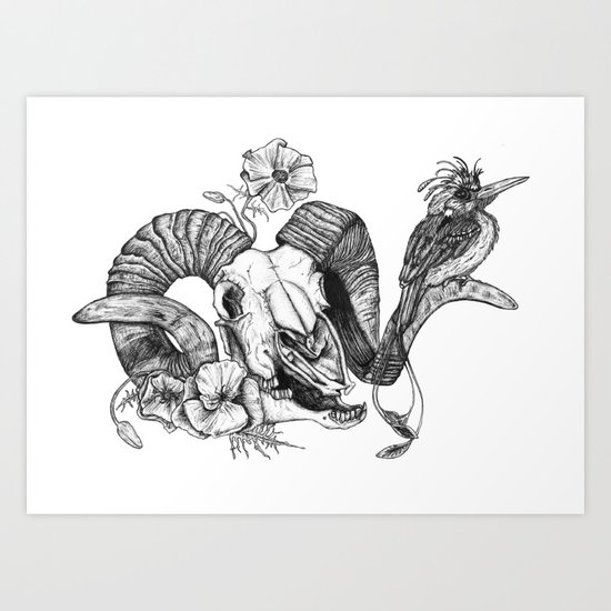 The ramskull and bird Art Print