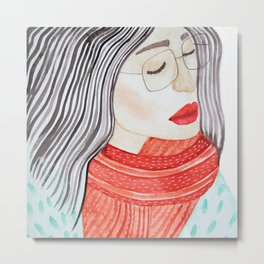Beautiful lady with closed eyes in a red scarf wearing eyeglasses. Watercolor illustration. Metal Print