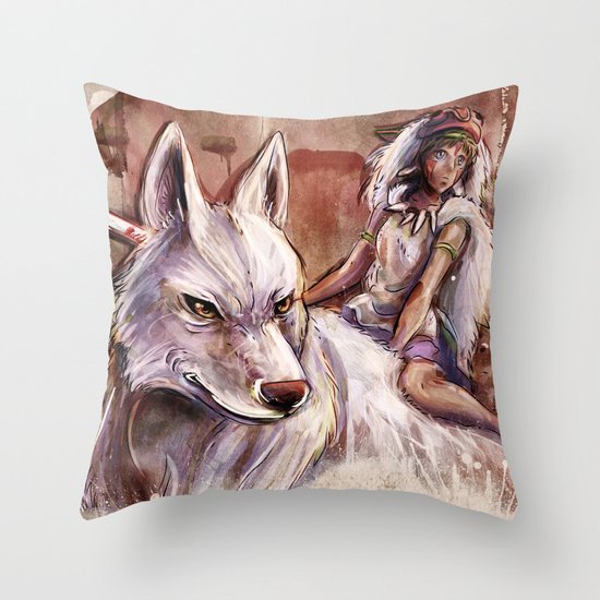 Miyazaki's Mononoke Hime - San and the Wolf TraDigital Painting Throw Pillow