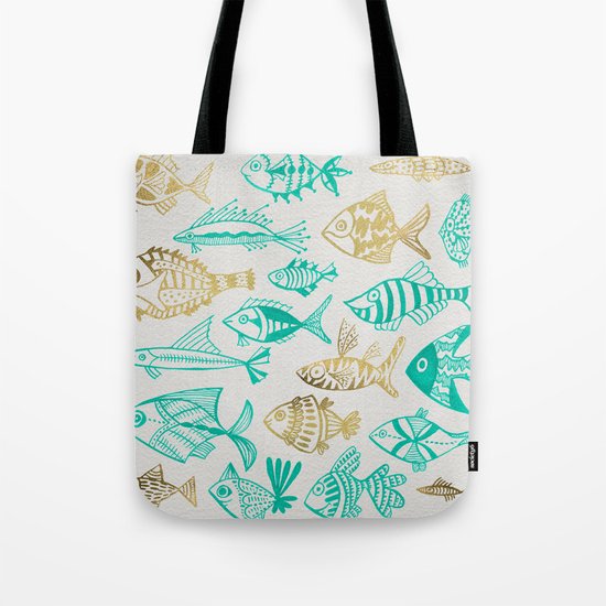 Inked Fish – Turquoise & Gold Tote Bag