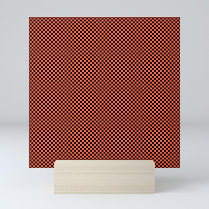 Small Living Coral Color of the Year in Coral Orange and Black Checkerboard Mini Art Print
