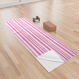 [ Thumbnail: Hot Pink and White Colored Lined/Striped Pattern Yoga Towel ]