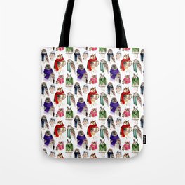 Winter Owls with Scarves on White Tote Bag