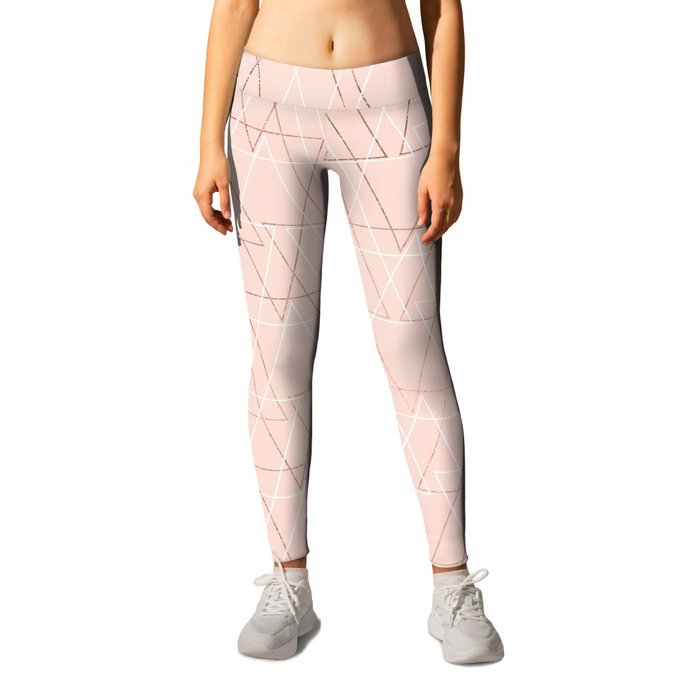 Modern white rose gold abstract geometric triangles on blush pink Leggings
