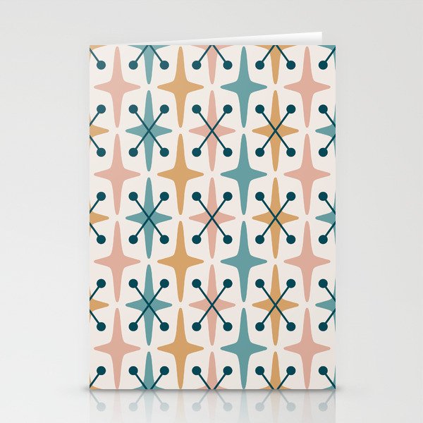 Mid Century Modern Starburst Pattern 221 Turquoise Ochre Dusty Rose and Teal Stationery Cards