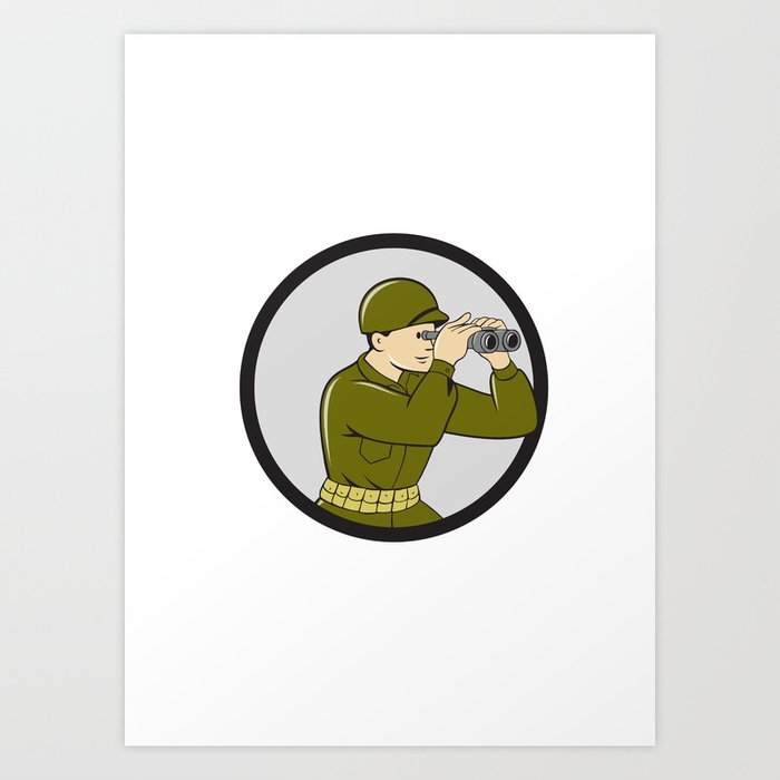World War Two American Soldier Binoculars Circle Cartoon Art Print