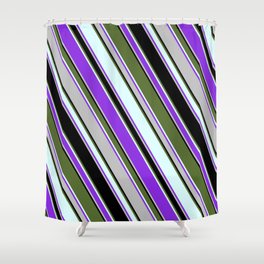 [ Thumbnail: Colorful Dark Olive Green, Light Cyan, Purple, Grey, and Black Colored Lined/Striped Pattern Shower Curtain ]