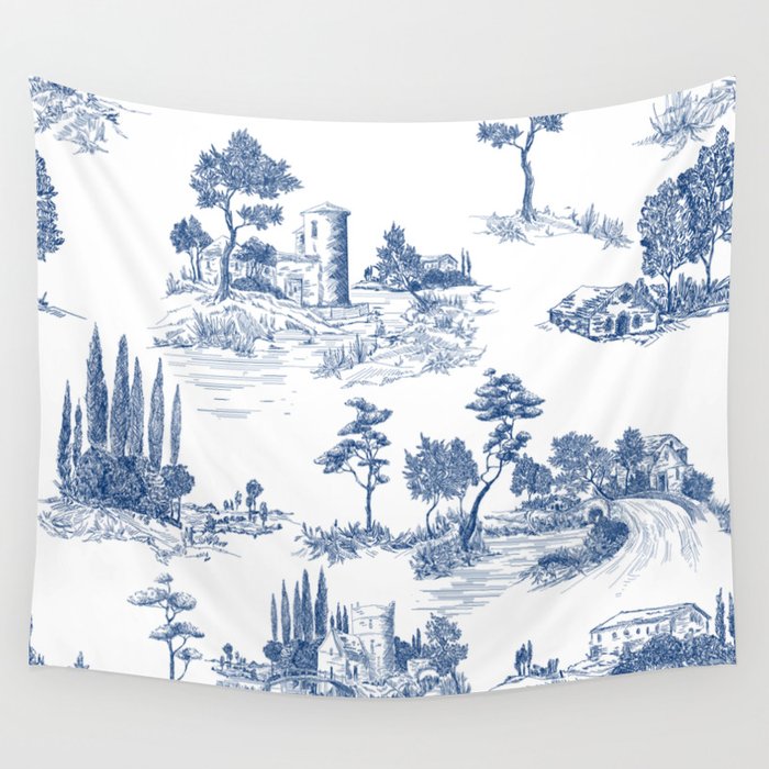 Toile de Jouy Vintage French Navy Blue White Pastoral Pattern Wall Tapestry