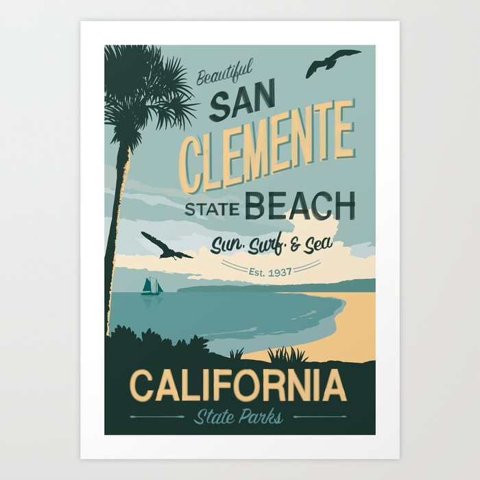 San Clemente State Beach Travel Poster Art Print