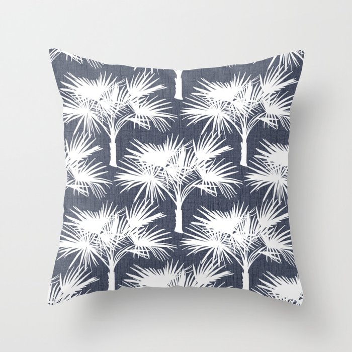 70’s Tropical Palm Trees White on Navy Throw Pillow