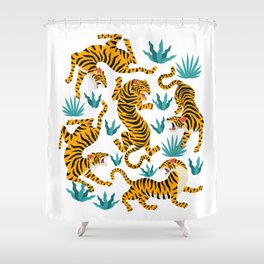 Cute tiger dance in the tropical forest hand drawn illustration Shower Curtain