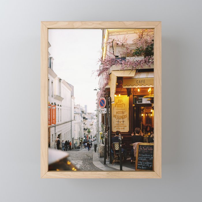 Dreamy Street in Montmartre, Paris with Parisian Cafe Framed Mini Art Print