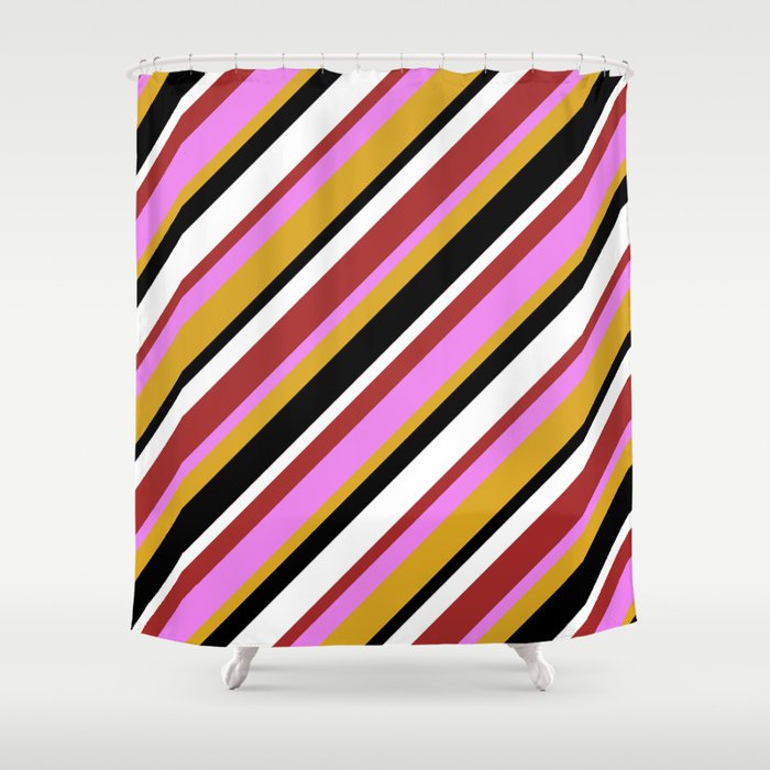 Brown, Violet, Goldenrod, Black & White Colored Lines Pattern Shower Curtain