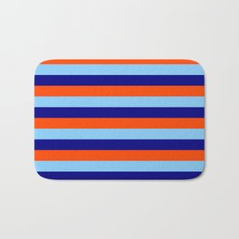 [ Thumbnail: Blue, Red, and Light Sky Blue Colored Pattern of Stripes Bath Mat ]