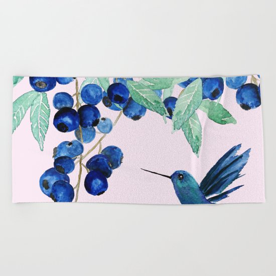 blueberry and humming bird Beach Towel