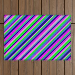 [ Thumbnail: Eyecatching Royal Blue, Blue, Fuchsia, Plum, and Lime Colored Lined/Striped Pattern Outdoor Rug ]