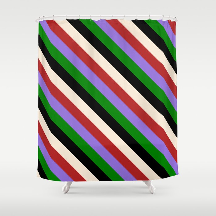 Beige, Red, Purple, Green & Black Colored Lined Pattern Shower Curtain