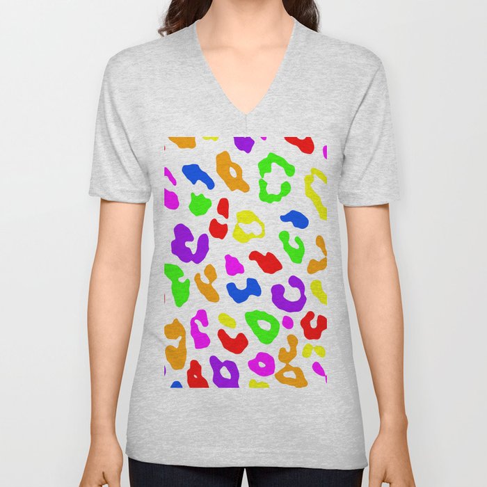 Leopard Print Rainbow White V Neck T Shirt