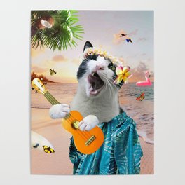 Aloha Hawaiian Cat Kitty Playing Ukulele Beach Funny Poster