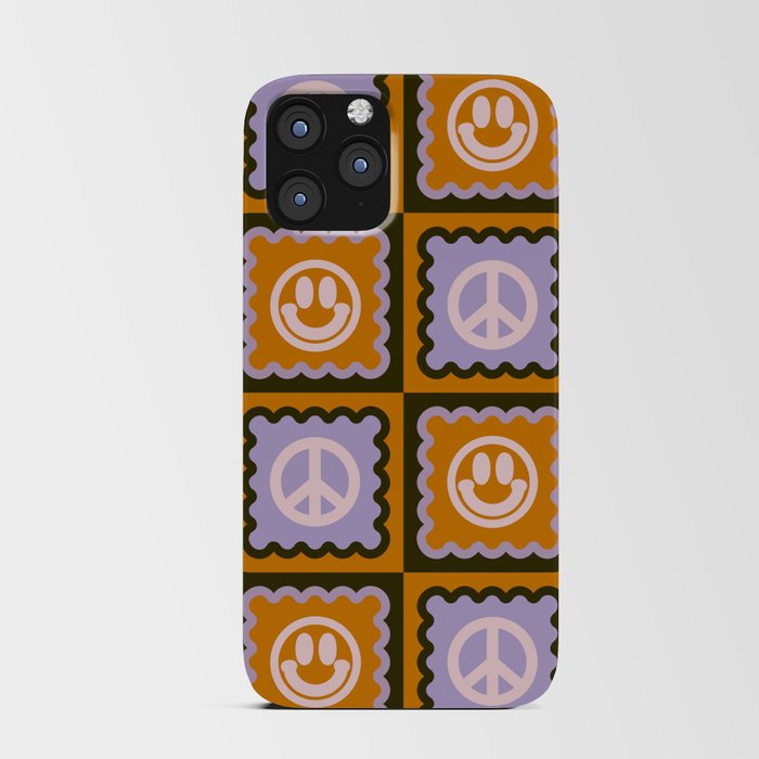 Funky Checkered Smileys and Peace Symbol Pattern (Dark Brown, Ginger Brown, Lilac, Muted Pink) iPhone Card Case