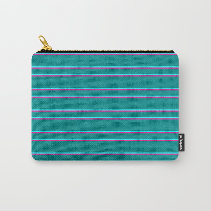 Dark Cyan, Aqua, and Deep Pink Colored Striped Pattern Carry-All Pouch