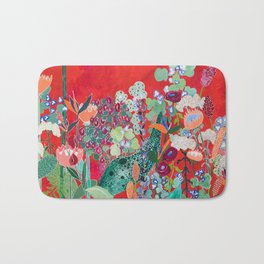 Red floral Jungle Garden Botanical featuring Proteas, Reeds, Eucalyptus, Ferns and Birds of Paradise Bath Mat | Summer, Birdsofparadise, Floral, Jungle, Nature, Flowers, Botanical, Bloom, Pattern, Protea 