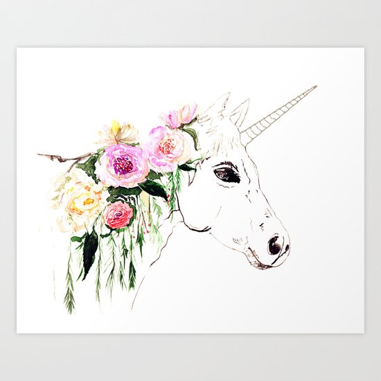 Unicorn, flowers, watercolor Art Print