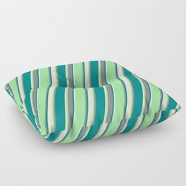 [ Thumbnail: Green, Grey, Teal & Light Yellow Colored Striped Pattern Floor Pillow ]